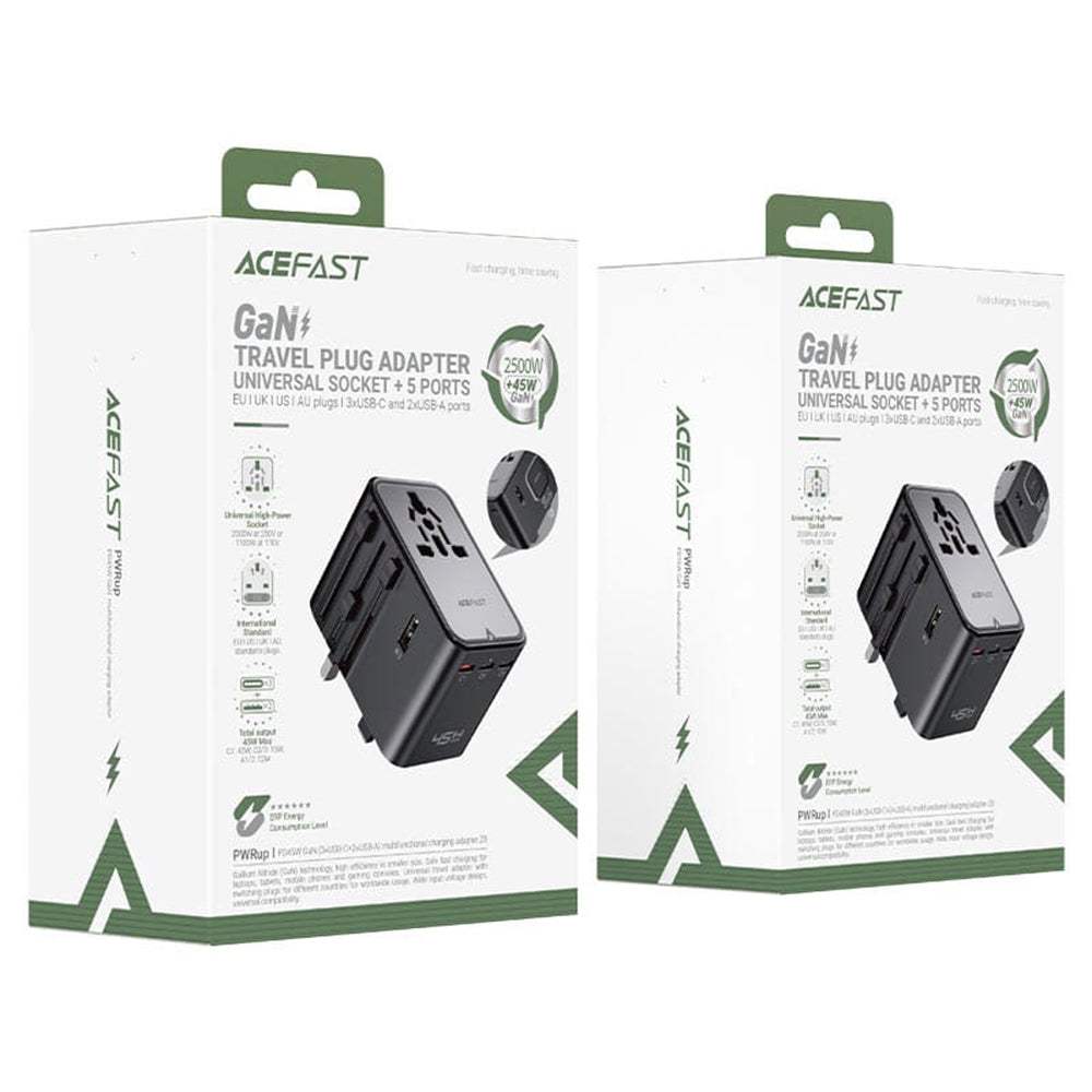 Acefast Z8 Travel -verkkolaturi, 45W, 3A, 2 x USB-A - 3 x USB-C, Musta