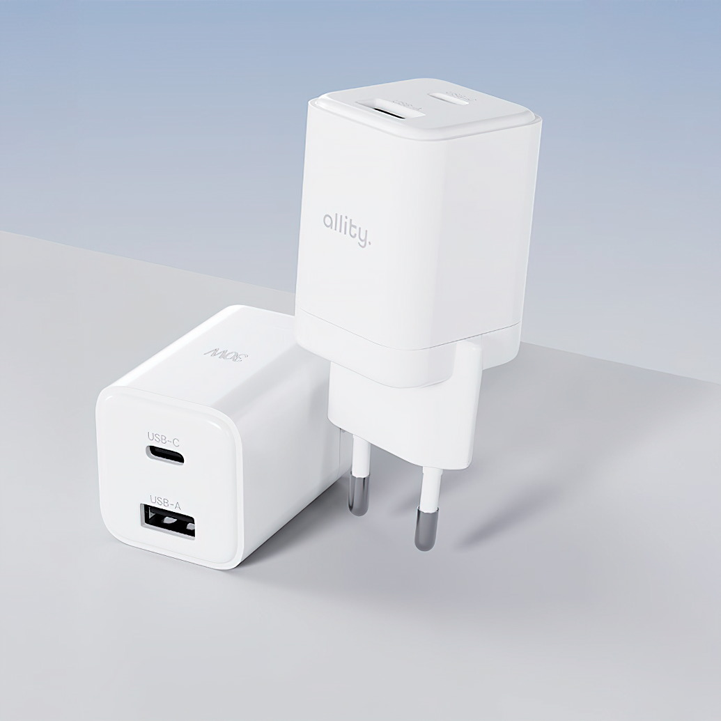 Allity-verkkolaturi. ATC-01-30WAC Mini, 30W, 3A, 1 x USB-A - 1 x USB-C, Valkoinen