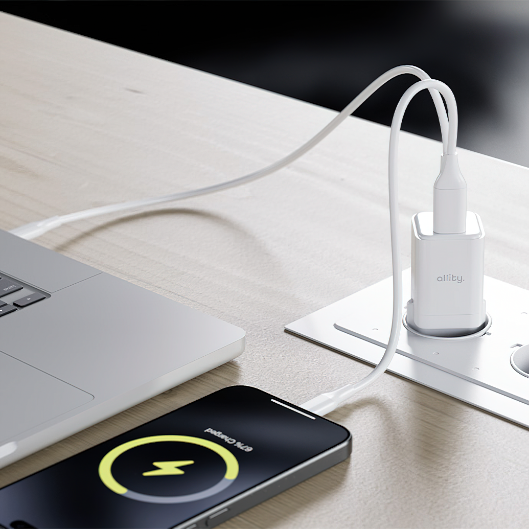 Allity-verkkolaturi. ATC-01-30WAC Mini, 30W, 3A, 1 x USB-A - 1 x USB-C, Valkoinen
