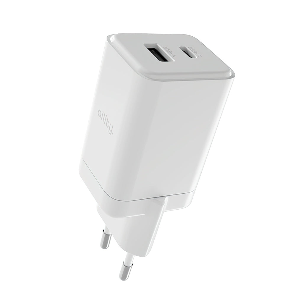 Allity-verkkolaturi. ATC-01-45WCC Fast, 45W, 3A, 1 x USB-A - 1 x USB-C, Valkoinen