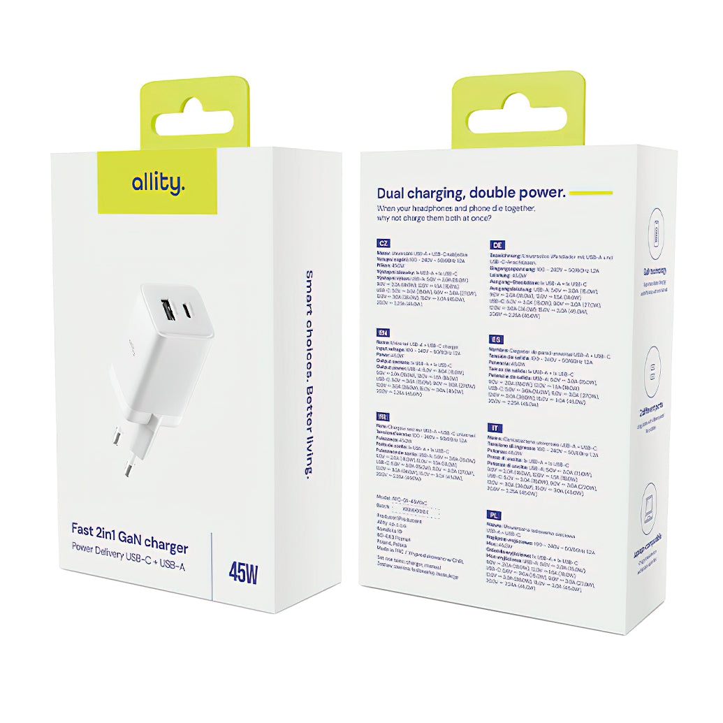 Allity-verkkolaturi. ATC-01-45WCC Fast, 45W, 3A, 1 x USB-A - 1 x USB-C, Valkoinen