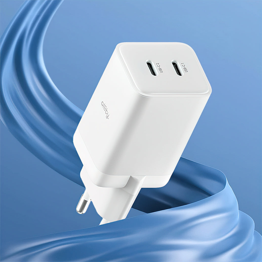 Allity-verkkolaturi. ATC-01-45WCC Fast, 45W, 3A, 2 x USB-C, Valkoinen
