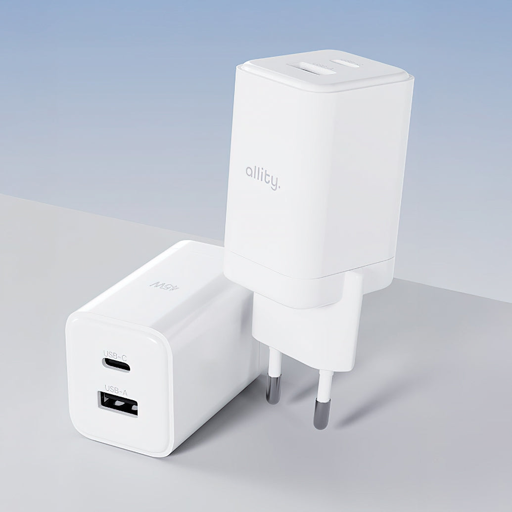 Allity-verkkolaturi. ATC-01-45WCC Fast, 45W, 3A, 1 x USB-A - 1 x USB-C, Valkoinen