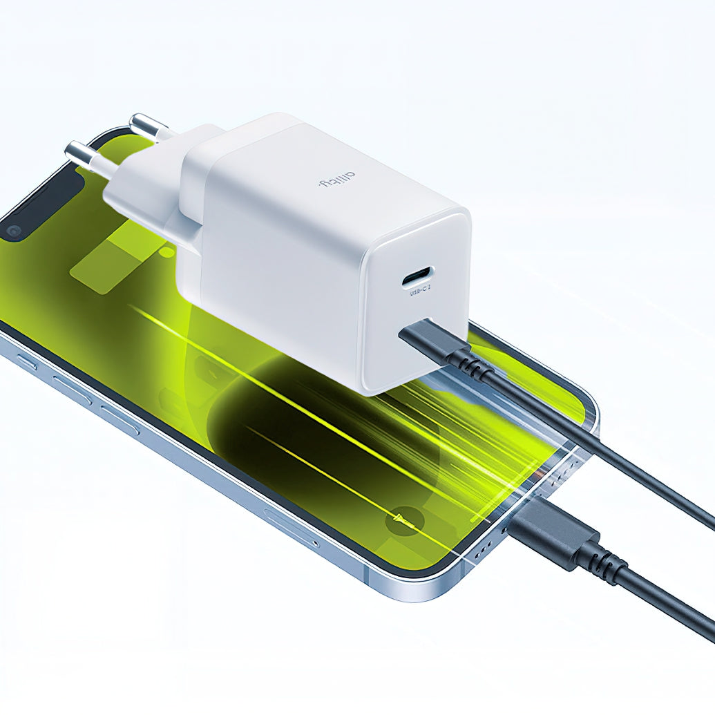 Allity-verkkolaturi. ATC-01-45WCC Fast, 45W, 3A, 2 x USB-C, Valkoinen