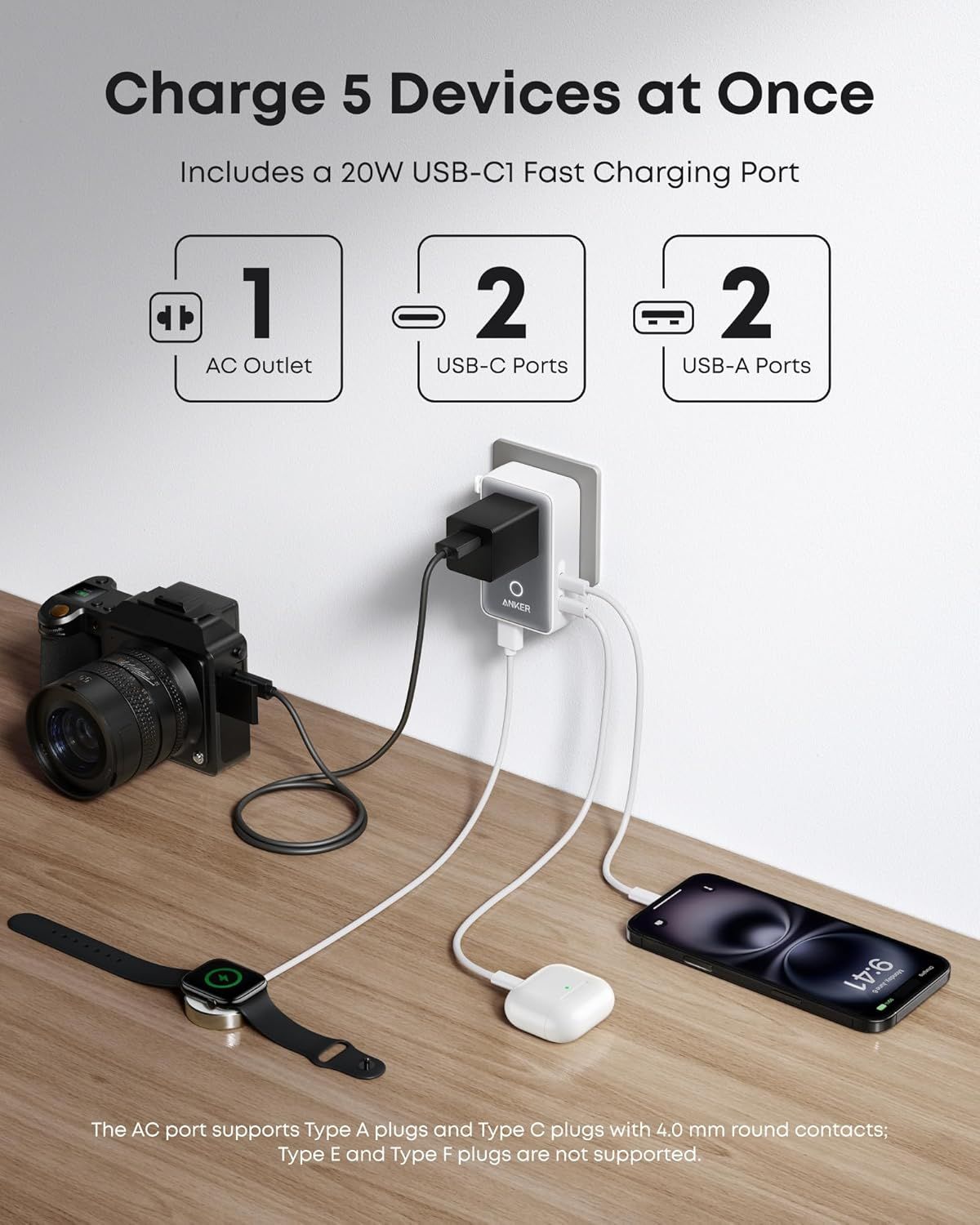 Anker Nano Travel -verkkolaturi, 20W, 3A, 2 x USB-A - 2 x USB-C, Valkoinen A9215H21
