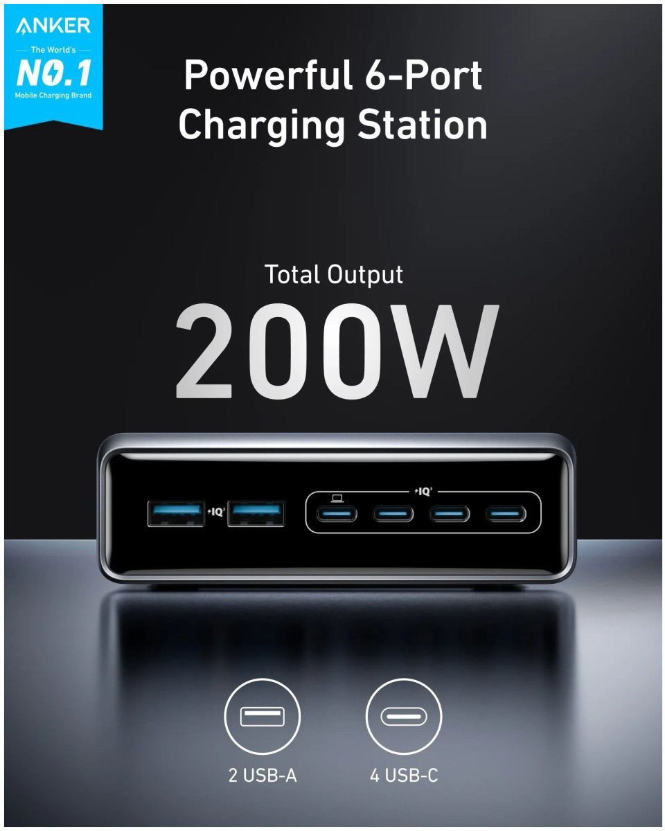 Anker Prime Station -laturi, 200W, 3A, 2 x USB-A - 4 x USB-C, musta A2683341
