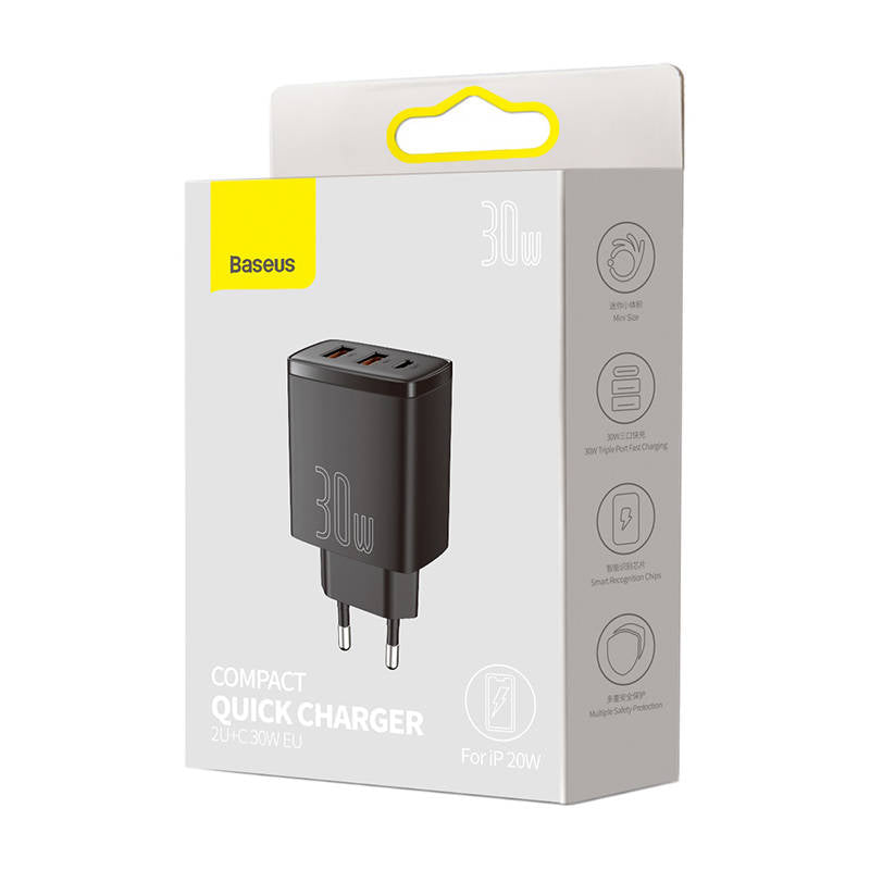 Baseus Compact verkkolaturi, 30W, 3A, 1 x USB-C - 2 x USB-A, musta CCXJ-E01