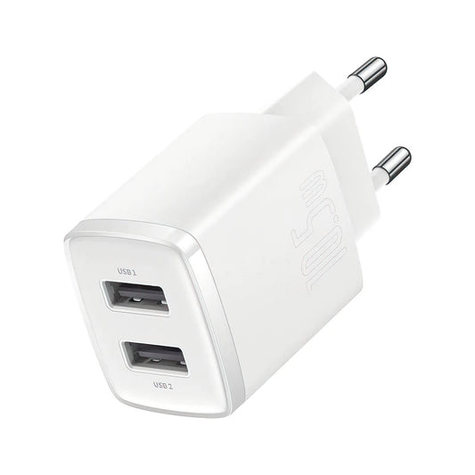 Baseus Compact -verkkolaturi, 10.5W, 2.1A, 2 x USB-A, Valkoinen CCXJ010202
