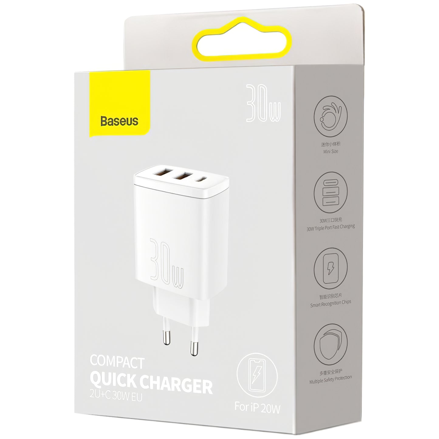 Verkkolaturi Baseus Compact, 30W, 1 x USB-C - 2 x USB-A, valkoinen CCXJ-E02