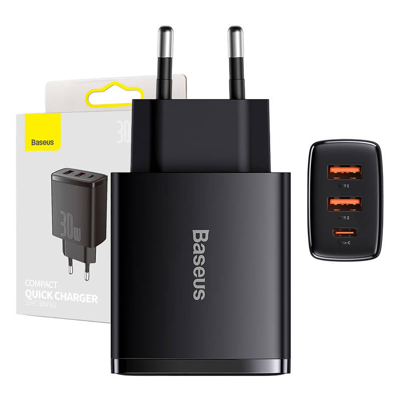 Baseus Compact verkkolaturi, 30W, 3A, 1 x USB-C - 2 x USB-A, musta CCXJ-E01