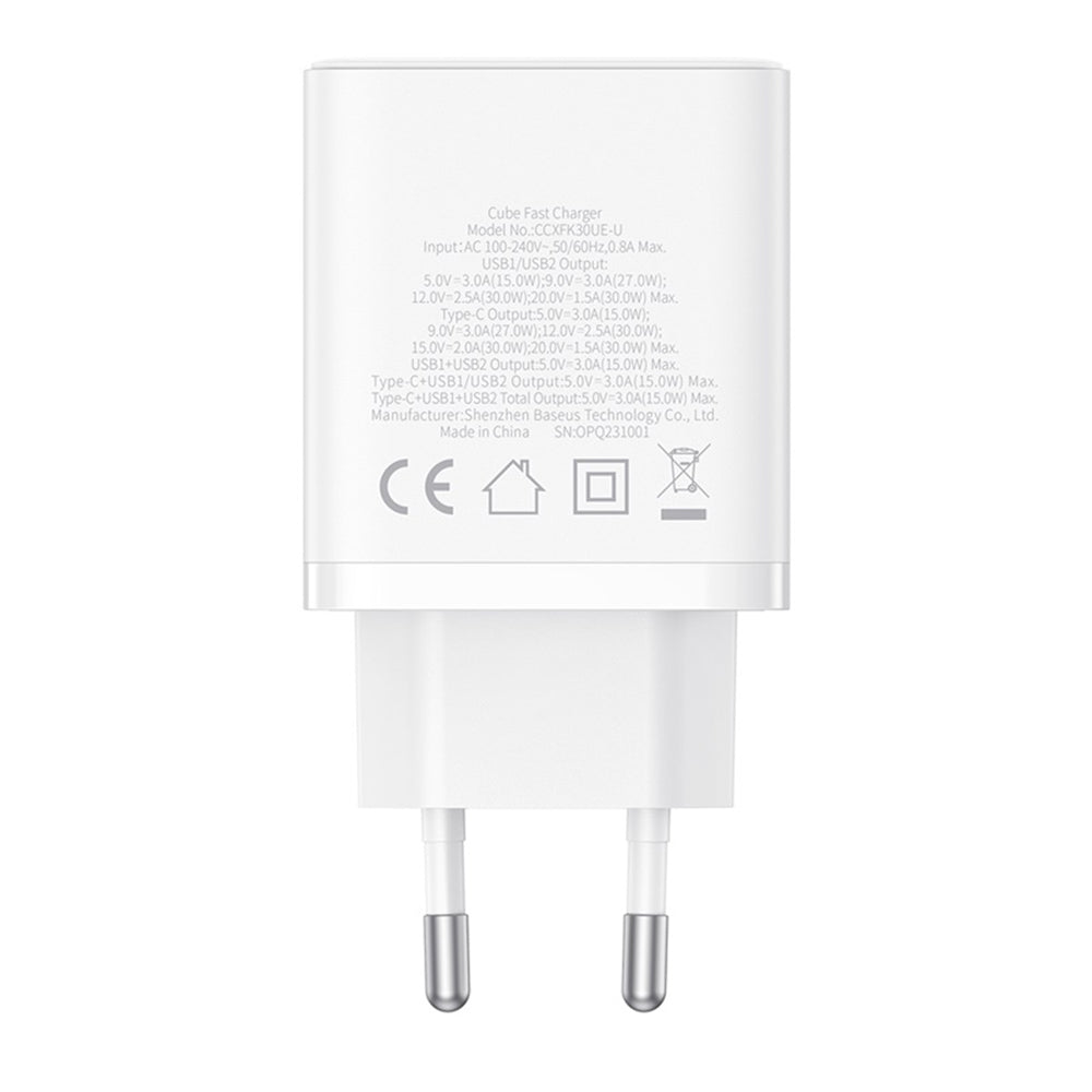 Baseus Cube -verkkolaturi, 30W, 3A, 2 x USB-A - 1 x USB-C, Valkoinen P10111402213-00