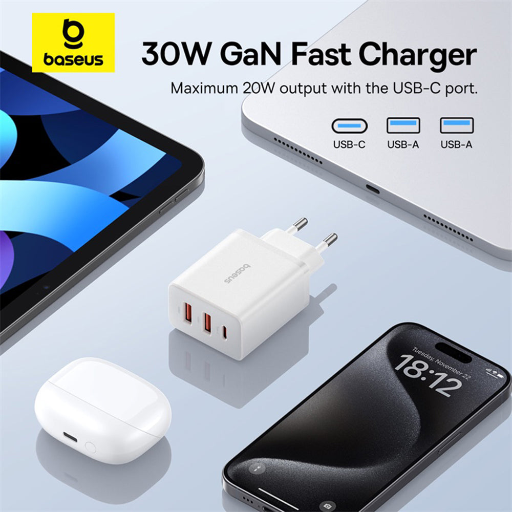 Baseus Cube -verkkolaturi, 30W, 3A, 2 x USB-A - 1 x USB-C, Valkoinen P10111402213-00