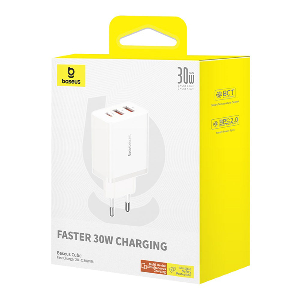 Baseus Cube -verkkolaturi, 30W, 3A, 2 x USB-A - 1 x USB-C, Valkoinen P10111402213-00