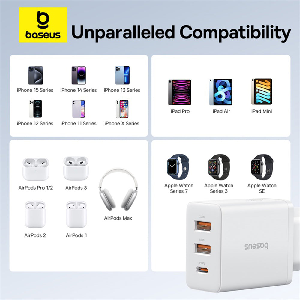 Baseus Cube -verkkolaturi, 30W, 3A, 2 x USB-A - 1 x USB-C, Valkoinen P10111402213-00