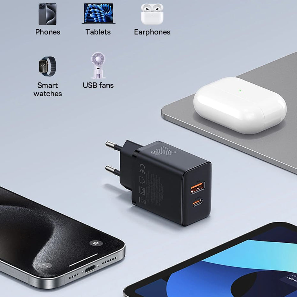 Baseus Cube -verkkolaturi, 20W, 3A, 1 x USB-A - 1 x USB-C, Musta P10111403113-00