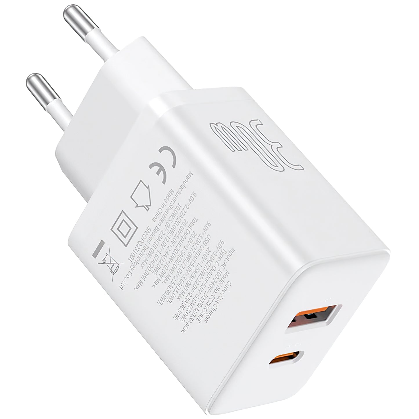 Verkkolaturi Baseus Cube, 30W, 2,4A, 1 x USB-A - 1 x USB-C, valkoinen P10111404213-00