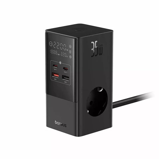Baseus PowerCombo jatkojohto, 35W, 5A, 2 x USB-A - 2 x USB-C - 3 x Schuko, musta E00023606113-00