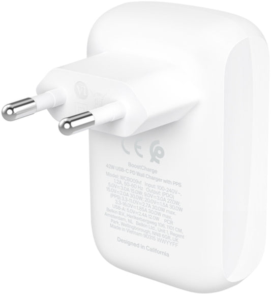 Belkin BoostCharge Dual verkkolaturi, 42W, 3A, 1 x USB-A - 1 x USB-C, Valkoinen WCB009vfWH