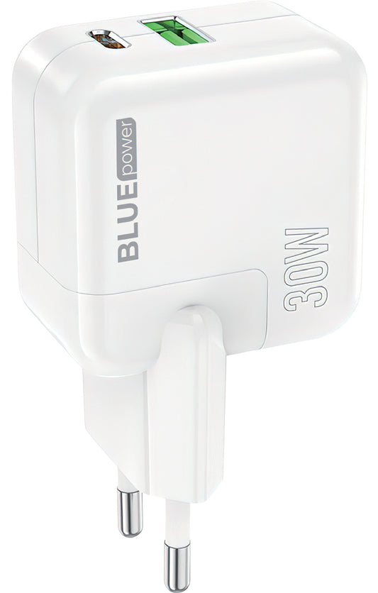 Verkkolaturi BLUE Power BC111A, 30W, 3A, 1 x USB-A - 1 x USB-C, Valkoinen