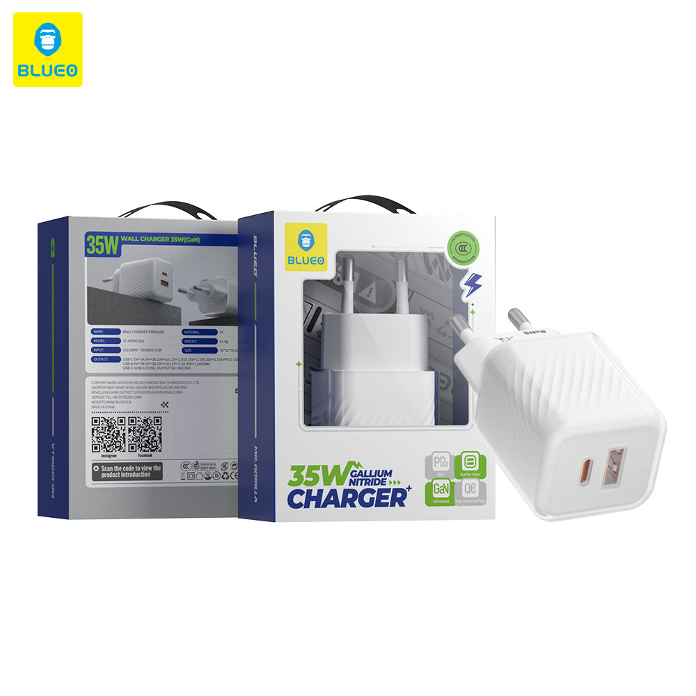 Blueo-verkkolaturi, 35W, 3A, 1 x USB-A - 1 x USB-C, Valkoinen