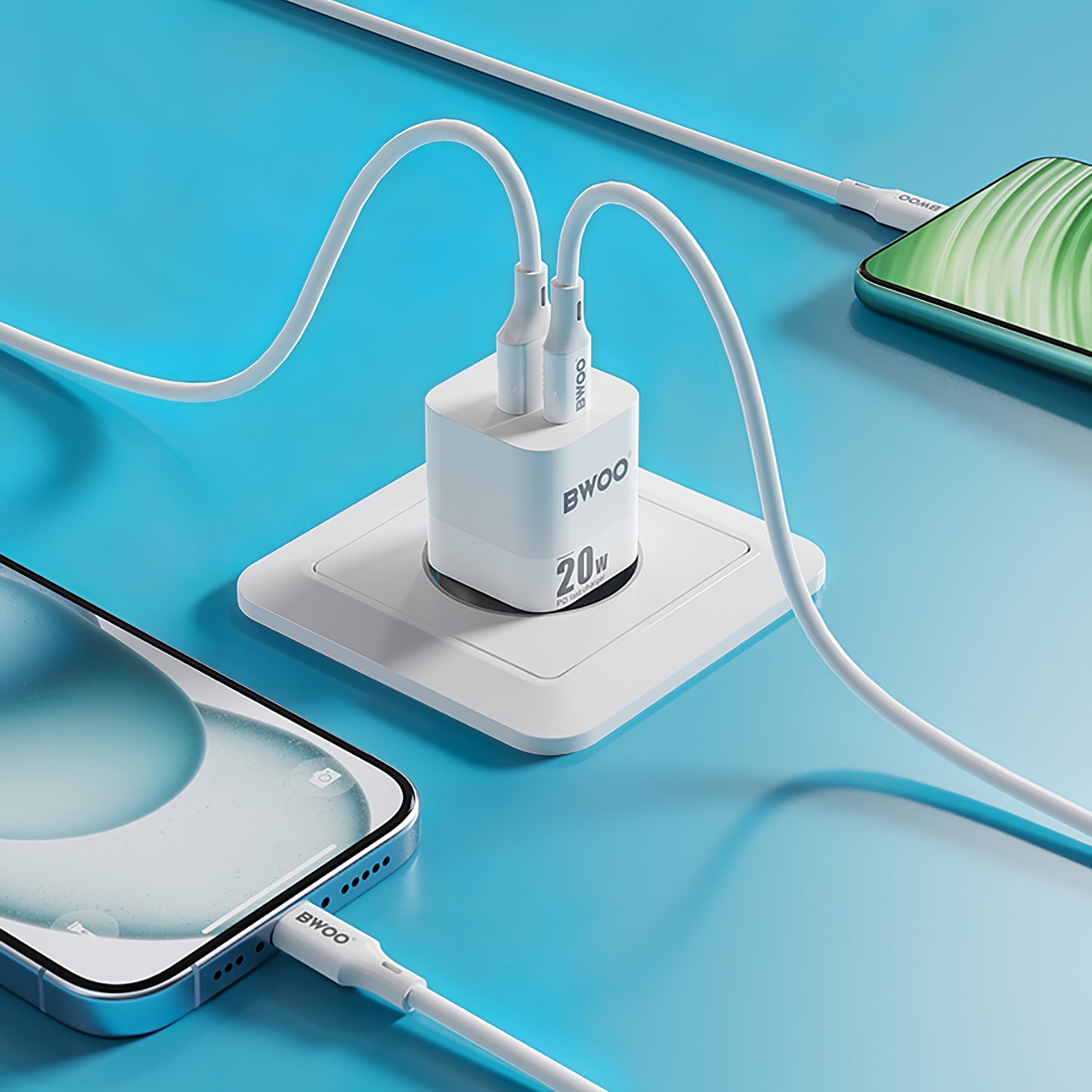 Verkkolaturi BWOO BO-CDA156, 20W, 3A, 1 x USB-A - 1 x USB-C, valkoinen