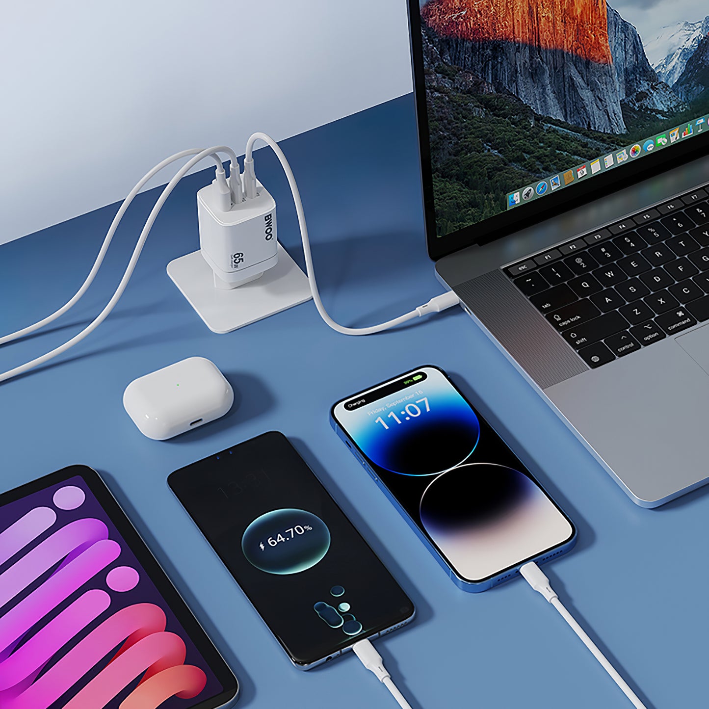 BWOO CDA147 -verkkolaturi, 65W, 4.5A, 1 x USB-A - 2 x USB-C, Valkoinen