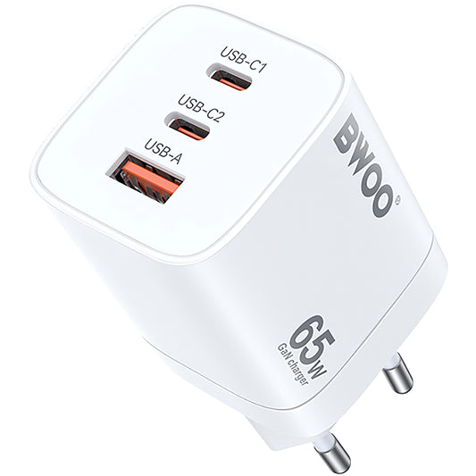BWOO CDA147 -verkkolaturi, 65W, 4.5A, 1 x USB-A - 2 x USB-C, Valkoinen