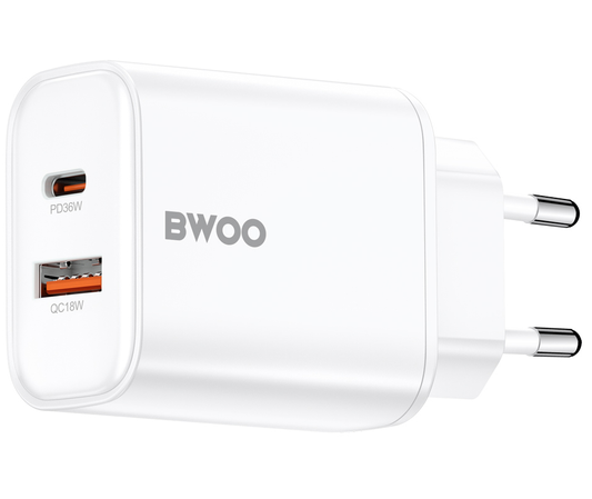 Verkkolaturi BWOO CDA207, 36W, 3A, 1 x USB-A - 1 x USB-C, Valkoinen