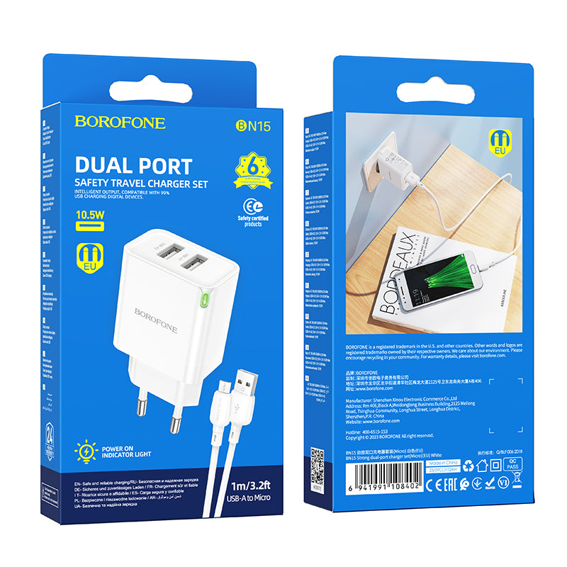 Verkkolaturi microUSB-kaapelilla Borofone BN15 Strong, 10.5W, 2.1A, 2 x USB-A, valkoinen