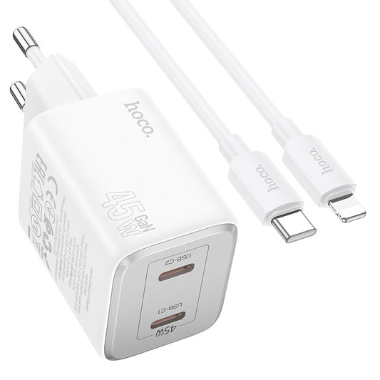 Verkkolaturi Lightning-kaapelilla HOCO N42, 45W, 3A, 2 x USB-C, valkoinen
