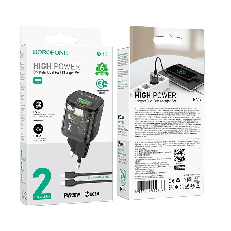 Verkkolaturi USB-C-kaapelilla Borofone BN17 Sunlight, 20W, 3A, 1 x USB-A - 1 x USB-C, Musta