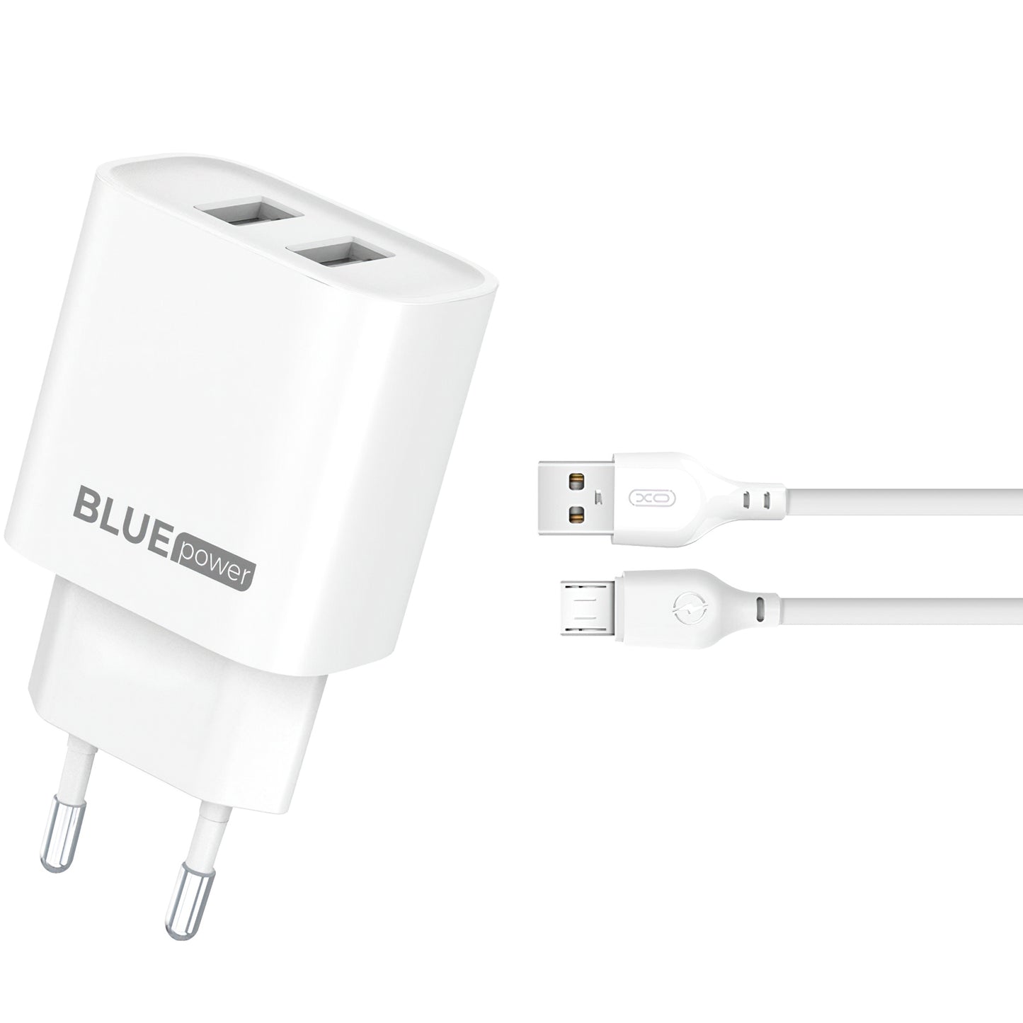 Blue Power BPCE02M verkkolaturi microUSB-kaapelilla BPCE02M, 10,5W, 2,1A, 2 x USB-A, valkoinen