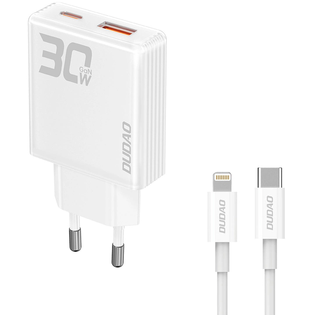 Dudao A30EUL verkkolaturi Lightning-kaapelilla, 30W, 3A, 1 x USB-A - 1 x USB-C, valkoinen