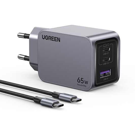 UGREEN X755 Nexode Pro USB-C-verkkolaturi kaapelilla, 65W, 3A, 1 x USB-A - 2 x USB-C, Harmaa