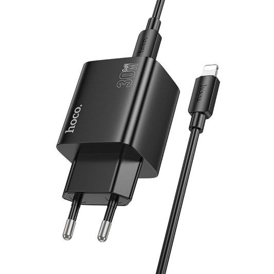 HOCO N56 Lightning-kaapelilla varustettu verkkolaturi, 30W, 3A, 2 x USB-A - 2 x USB-C, Musta