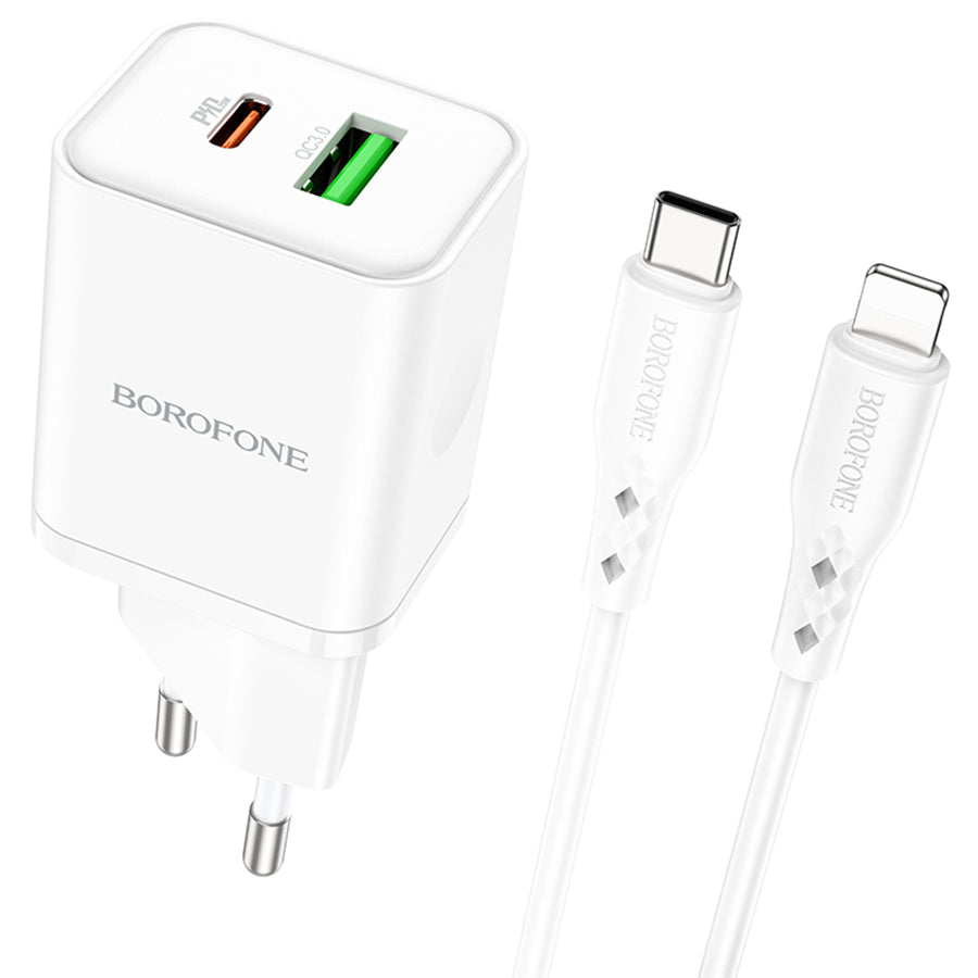 Verkkolaturi Lightning-kaapelilla Borofone BN7, 20W, 3A, 1 x USB-A - 1 x USB-C, Valkoinen