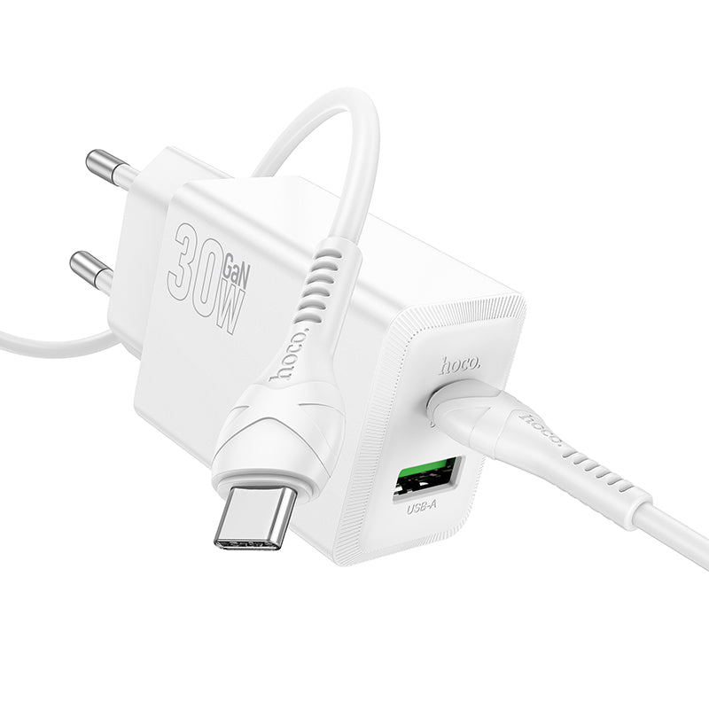 Verkkolaturi USB-C-kaapelilla HOCO N71, 30W, 3A, 1 x USB-A - 1 x USB-C, Valkoinen