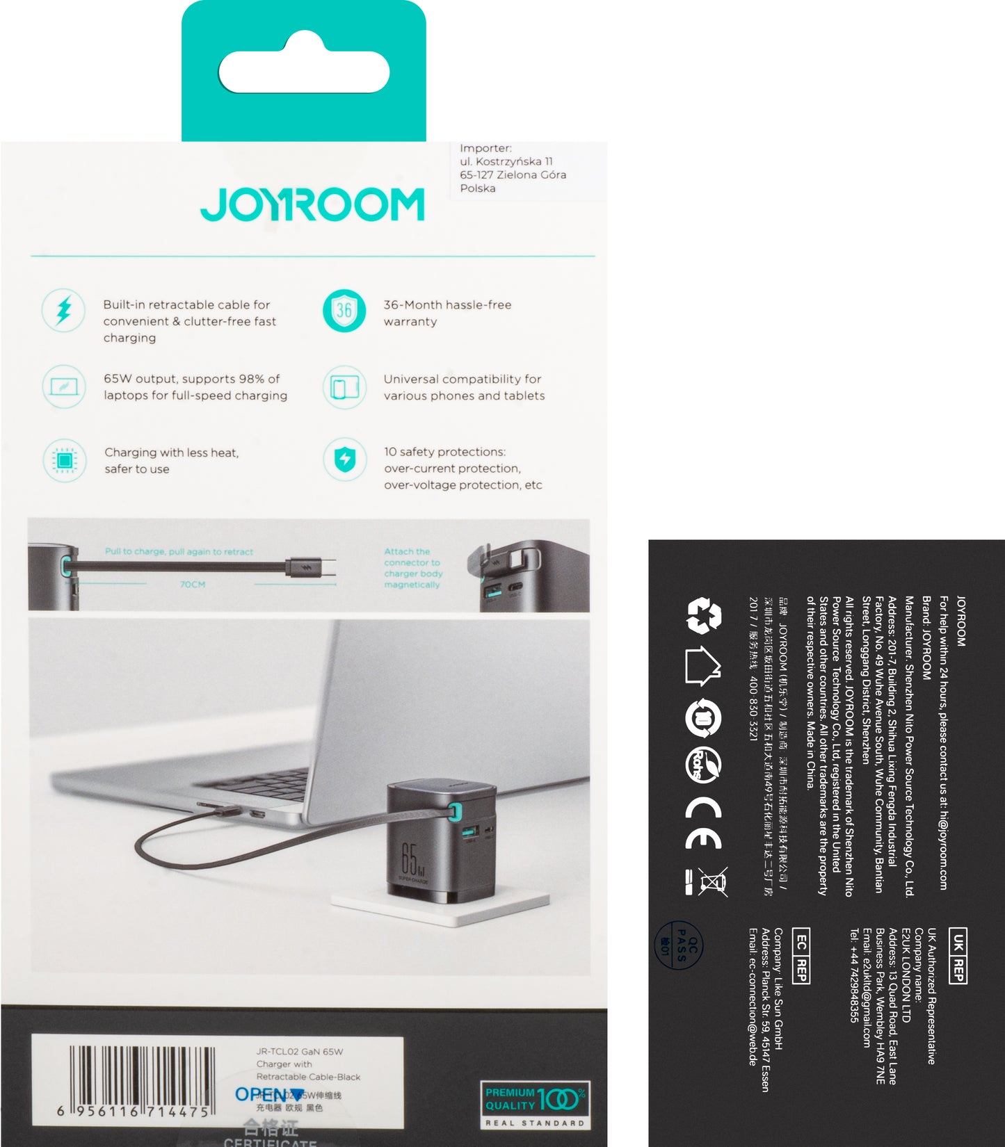 Joyroom JR-TCL02 USB-C kaapeloitu verkkolaturi JR-TCL02, 65W, 3A, 1 x USB-A - 1 x USB-C, musta