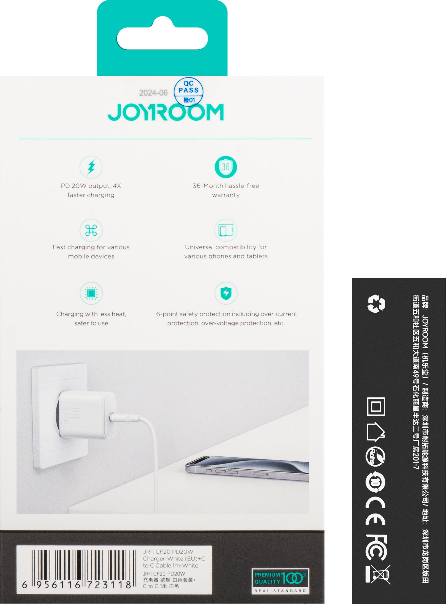 Verkkolaturi USB-C-kaapelilla Joyroom JR-TCF20, 20W, 3A, 1 x USB-C, Valkoinen