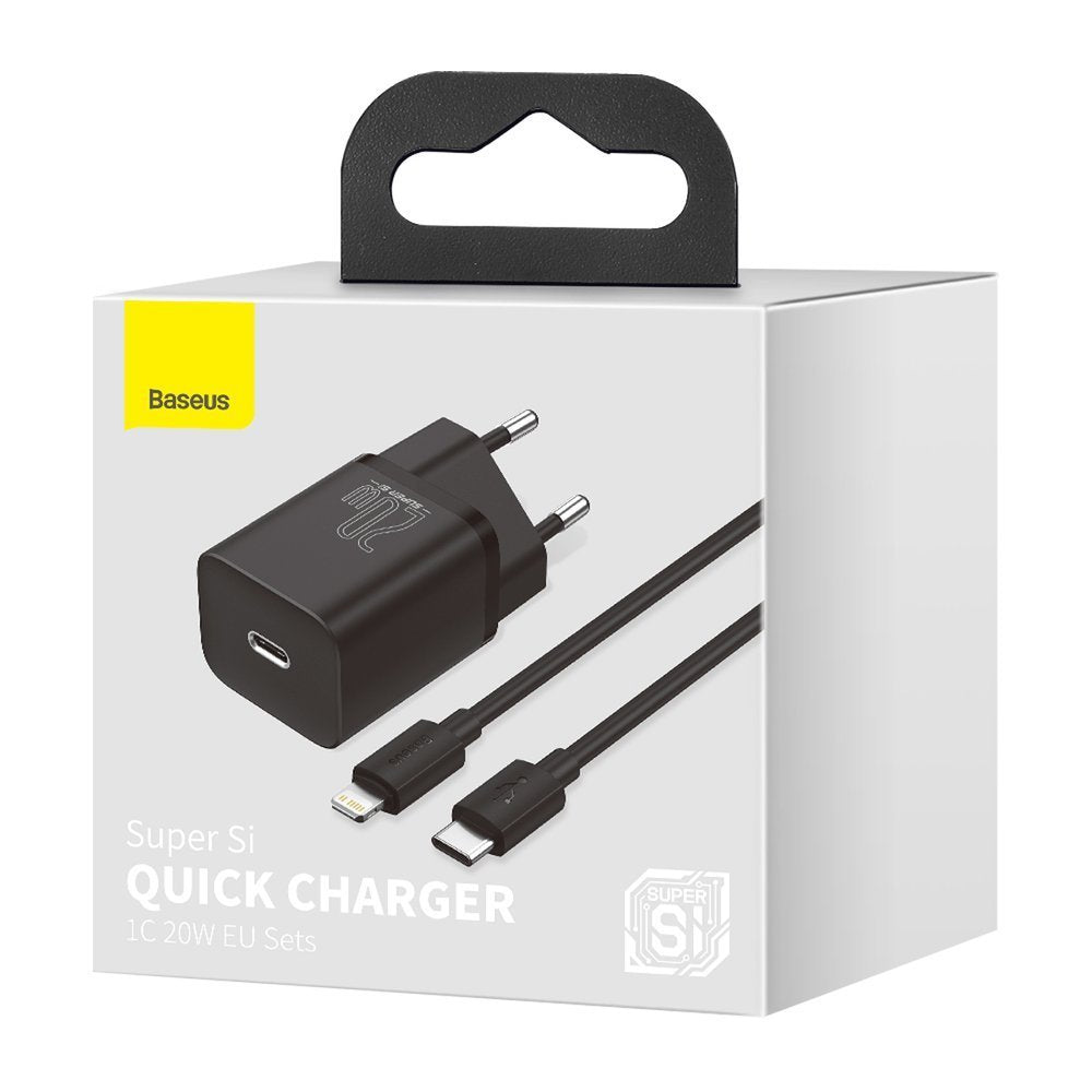 Baseus Super Si -verkkolaturi Lightning-kaapelilla, 20W, 3A, 1 x USB-C, musta TZCCCSUP-B01
