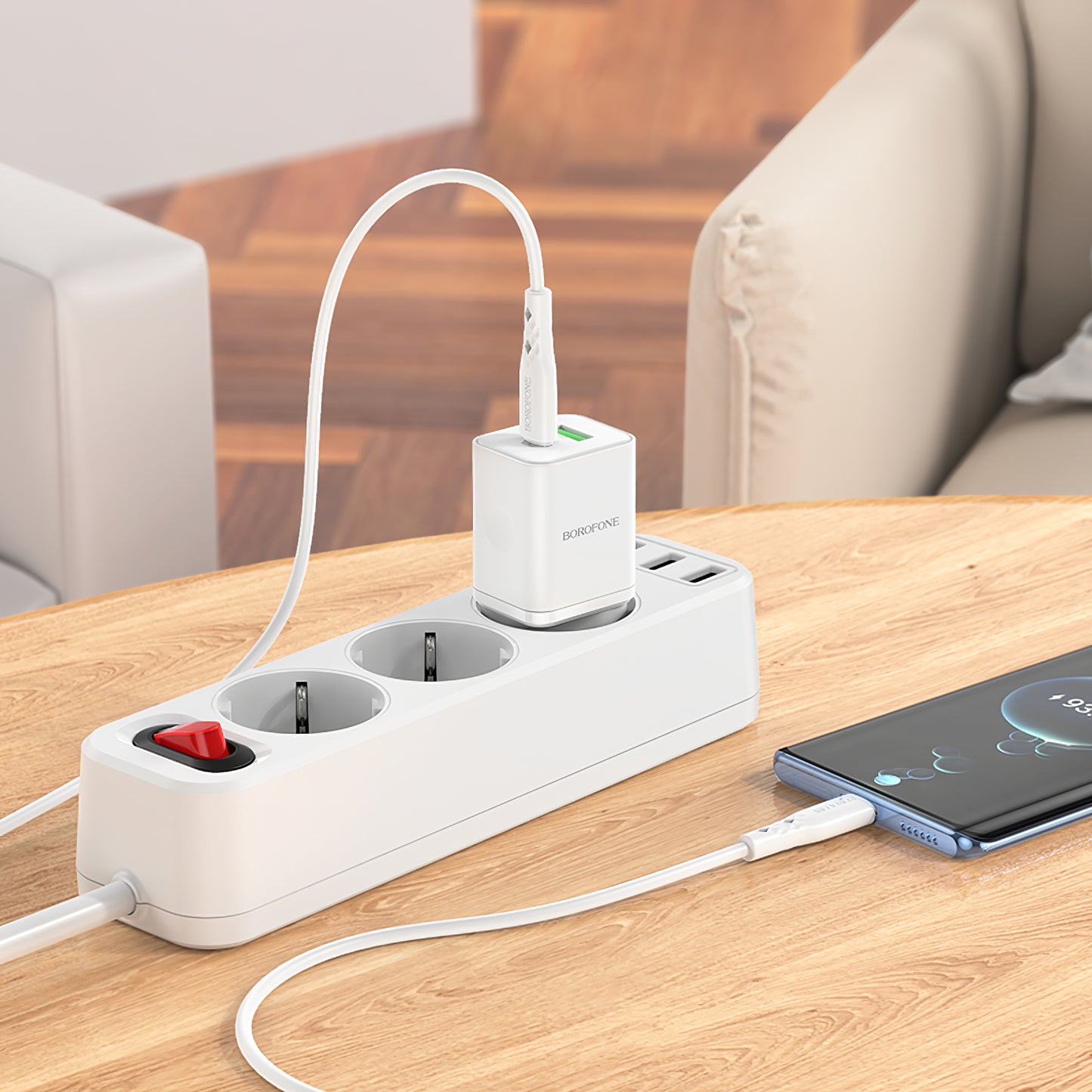 Verkkolaturi USB-C-kaapelilla Borofone BN7, 20W, 3A, 1 x USB-A - 1 x USB-C, valkoinen