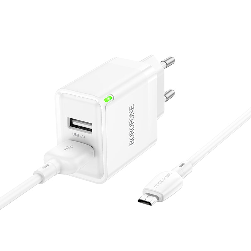 Verkkolaturi microUSB-kaapelilla Borofone BN15 Strong, 10.5W, 2.1A, 2 x USB-A, valkoinen