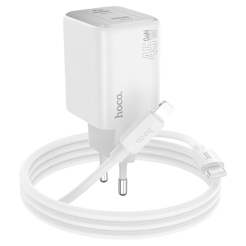 Network Charger with Lightning Cable HOCO N42, 45W, 3A, 2 x USB-C, White