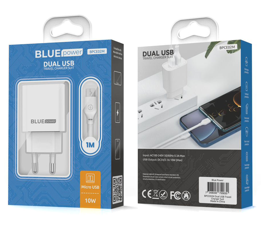 Blue Power BPCE02M verkkolaturi microUSB-kaapelilla BPCE02M, 10,5W, 2,1A, 2 x USB-A, valkoinen