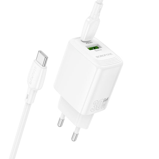 Verkkolaturi USB-C-kaapelilla Borofone BN29 Fuente, 30W, 3A, 1 x USB-A - 1 x USB-C, Valkoinen