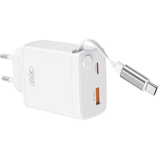 Verkkolaturi USB-C-kaapelilla XO Design CE31, 30W, 3A, 1 x USB-A - 1 x USB-C, Valkoinen
