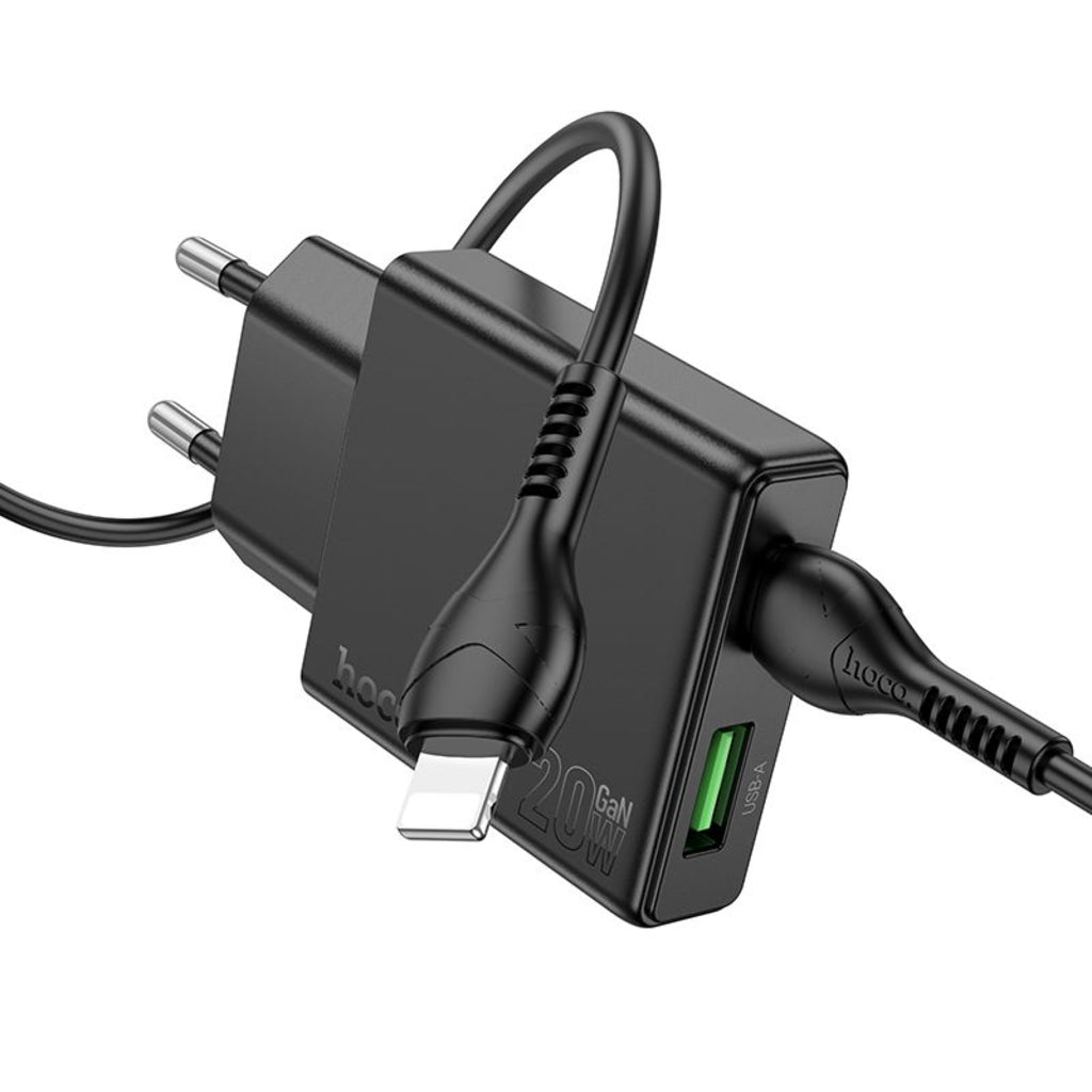 Verkkolaturi Lightning-kaapelilla HOCO N38, 20W, 3A, 1 x USB-A - 1 x USB-C, Musta