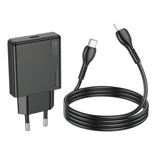 Verkkolaturi Lightning-kaapelilla HOCO N37, 30W, 3A, 1 x USB-C, Musta