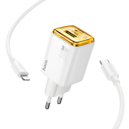 Verkkolaturi Lightning-kaapelilla HOCO N52, 20W, 3A, 1 x USB-A - 1 x USB-C, Valkoinen