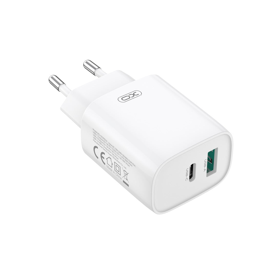 Verkkolaturi USB-C-kaapelilla XO Design CE29, 20W, 3A, 1 x USB-A - 1 x USB-C, Valkoinen